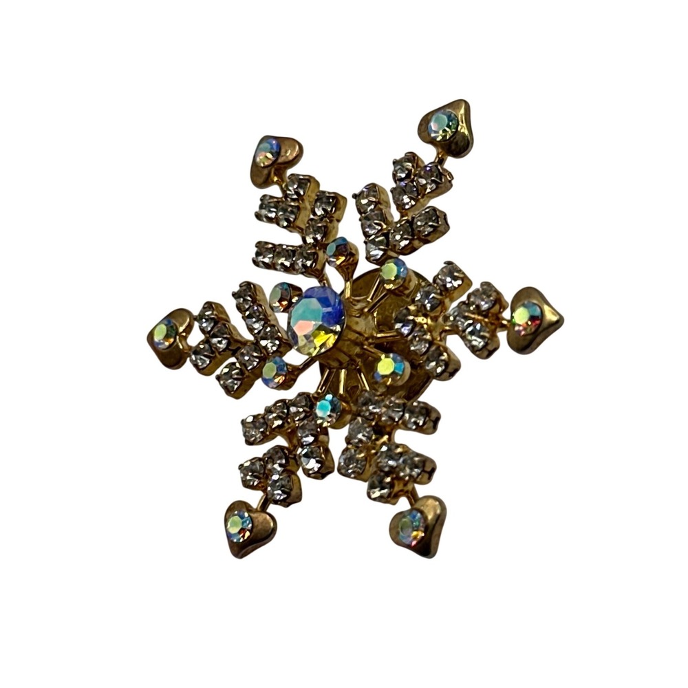 Gold Tone Snowflake Rhinestone Aurora Borealis Crystal Holiday Lapel Pin